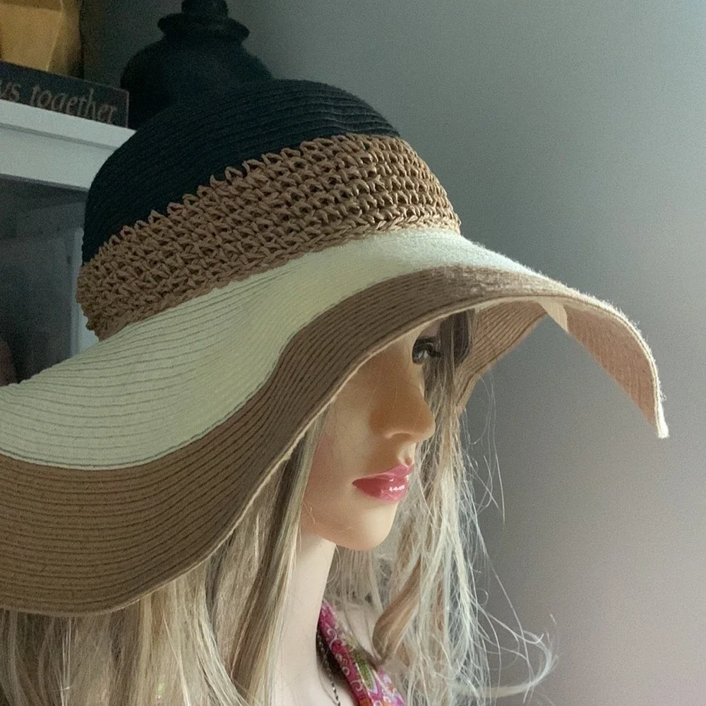 Floppy striped maxi‎ hat bohemian straw festive beach travel banded